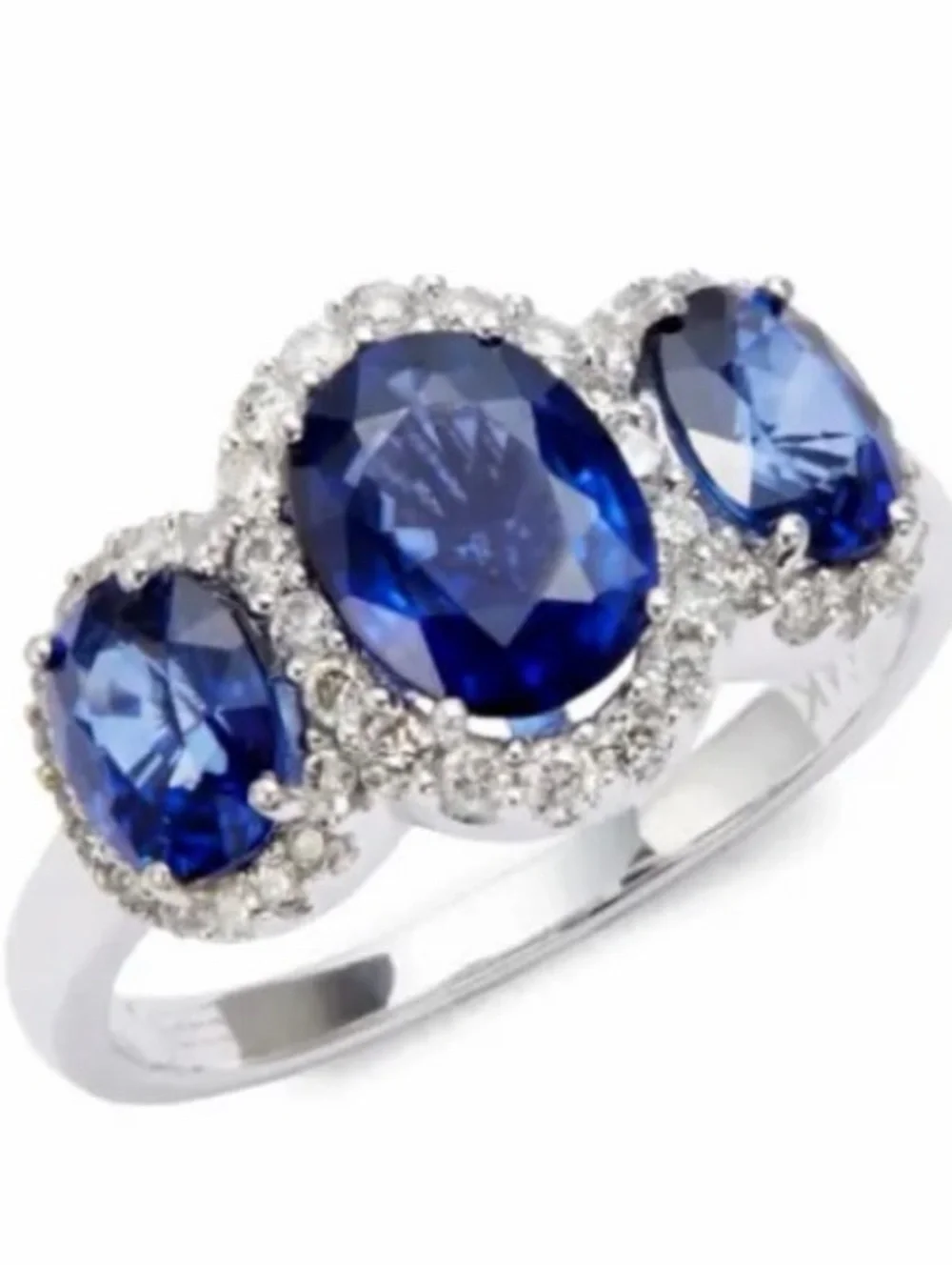 Classic Three-Stone Blue Sapphire Halo Ring - Brand